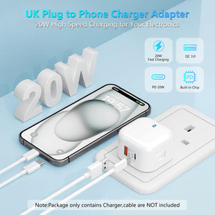 USB C Plug, 20W Power Adapter USB C Fast Charger UK iPhone Plug Dual Port USB+Type-C Charging Wall Plug Fast Charge for iPhone 15/15 Plus/15 Pro/15 Pro Max/14/13/12/11, iPad Pro/Air, Galaxy S24/S23
