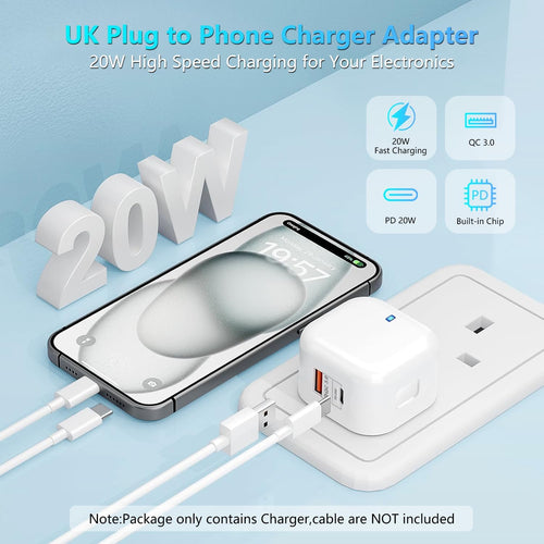 USB C Plug, 20W Power Adapter USB C Fast Charger UK iPhone Plug Dual Port USB+Type-C Charging Wall Plug Fast Charge for iPhone 15/15 Plus/15 Pro/15 Pro Max/14/13/12/11, iPad Pro/Air, Galaxy S24/S23