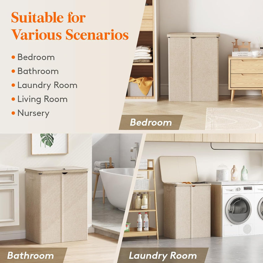 Laundry Basket 165L 3-Compartment with Lid Removable Bag Foldable Tall Hamper Beige