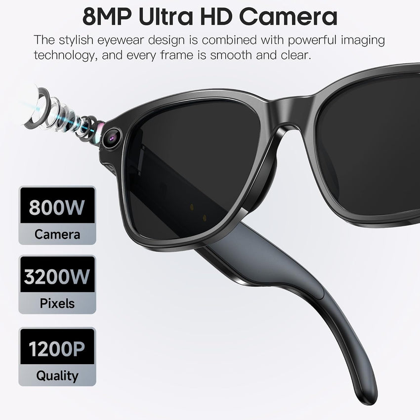 AI Camera Smart Glasses 8MP 4K Photo 1200p Video GPT Voice Assistant AI Recognition Sunglasses