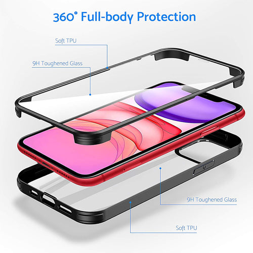 DOSNTO Double Sided Clear Case for iPhone 11 (6.1''), Front and Back Full Body 360 Shockproof Drop Protection Phone Case Built-in Tempered Glass Screen Protector Rugged Phone Cover, Dark Green
