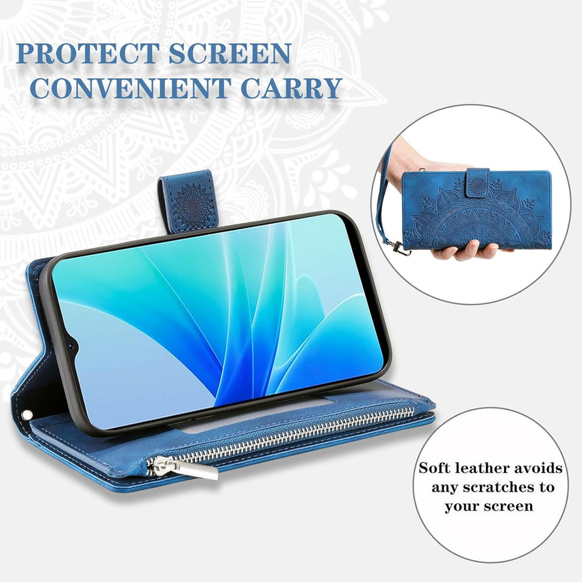 Asuwish Phone Case for OPPO A57 4G/A57S/A57E/A77 4G Wallet Cover With Tempered Glass Screen Protector and Wrist Strap Mandala Flower Leather Flip Zipper Credit Card Holder Stand Cell Women Blue