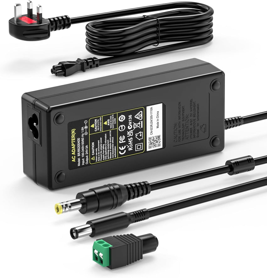 24V 3A 72W Power Supply for LED Strip Light, CCTV Camera Cisco Router, 3D Printer, LCD Monitors, Speaker Adapter Cable, UK plug, Wall Charger, and More Power Supply Cable Adapter5.5 * 2.5/2.1mm