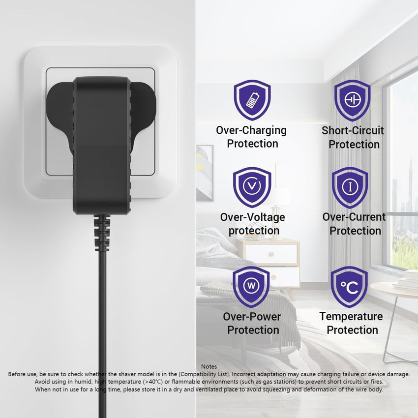 15V charger Compatible with Philips Shaver HQ8505 | UK power cord, compatible with 3000 5000 7000 9000 series, S5465 MG7750 MG7790 BT5502 electric shaver power cord