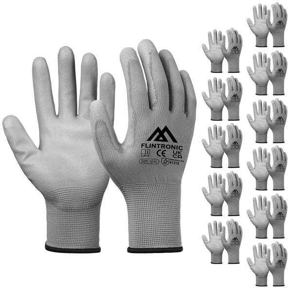Work Gloves PU-Coated Non-Slip 12-Pair Protective for Gardening & General Duty â Grey XL