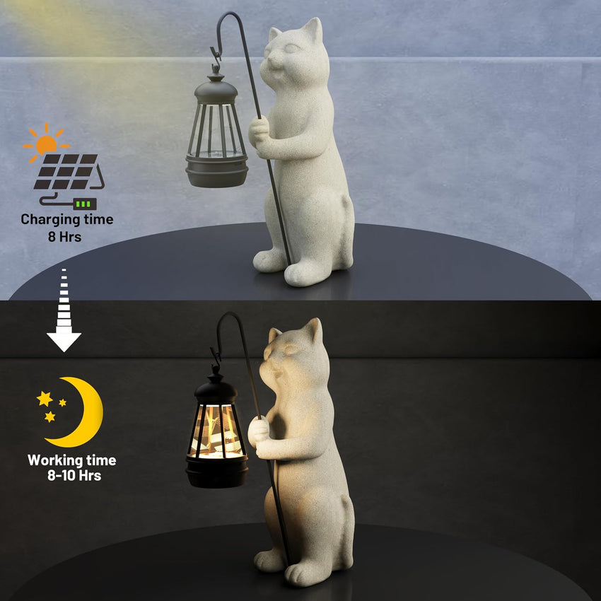 Solar Powered Garden Resin Statue Lights, 10 Inch Waterproof Outdoor Animal Cute Cat Figurine Lights, Suitable for Patios, Balconies, Lawns, Courtyards, Etc(Pole)