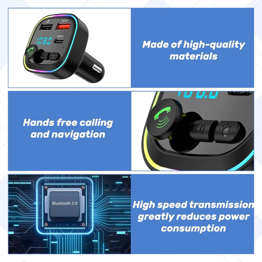 Car Bluetooth Transmitter,5.3 FM Bluetooth Car Adapter,PD 20W & QC 3.0 Fast Charging,FM Bluetooth Transmitter Car Dual Usb+1 Type-C,Hands Free Calling FM Transmitter Bluetooth Car,Supports USB/TF/SD