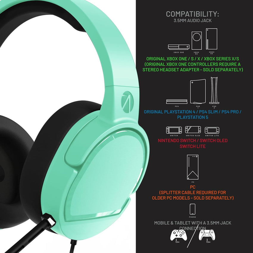 STEALTH PANTHER Mint - Over Ear Gaming Headset Compatible with Consoles and PC with Flexible Mic, 3.5mm Jack, 1.5m Cable, Lightweight, Comfortable and Durable