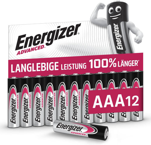 Energizer Advanced - AAA Batteries (12 Pack) - Triple A Battery 1.5V - Up To 100% Longer Lasting - Ideal for High-Drain Devices - 0% Plastic Packaging - 10 Year Shelf Life [Amazon Exclusive]