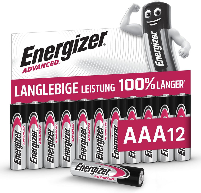 Energizer Advanced - AAA Batteries (12 Pack) - Triple A Battery 1.5V - Up To 100% Longer Lasting - Ideal for High-Drain Devices - 0% Plastic Packaging - 10 Year Shelf Life [Amazon Exclusive]