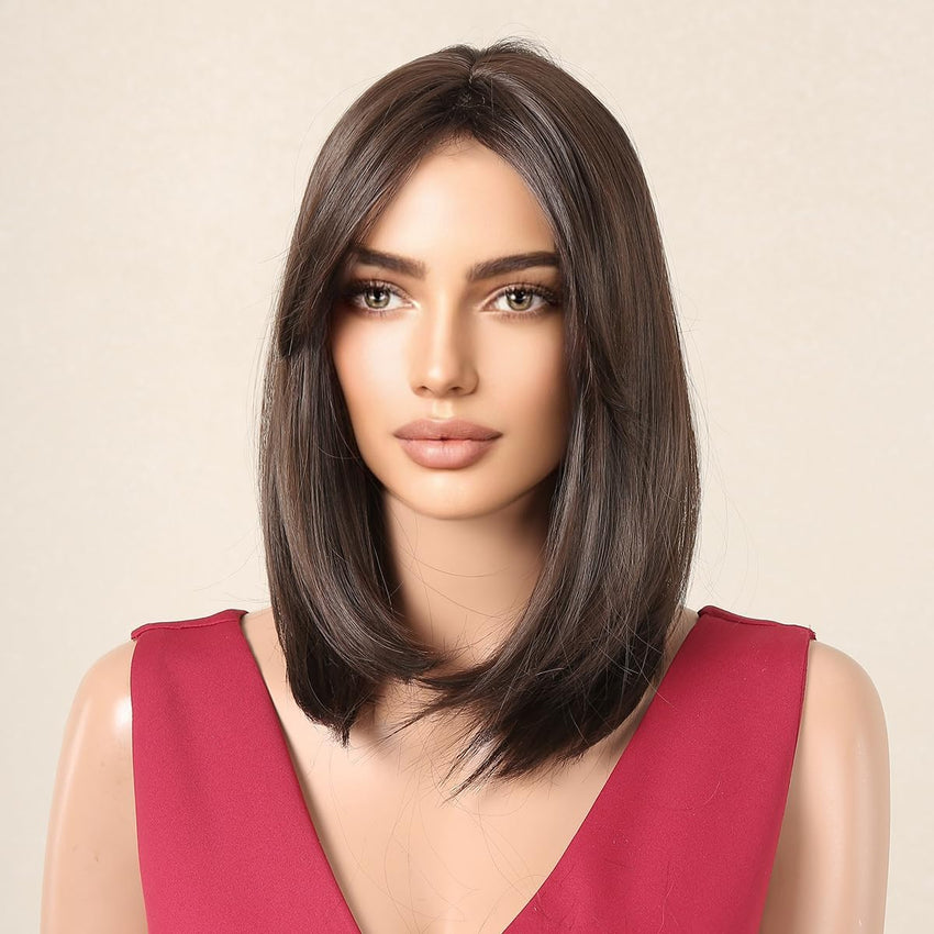 Testar Short Brown Bob Wigs with Curtain Bangs for White Women - Synthetic Wig for Daily Party Use