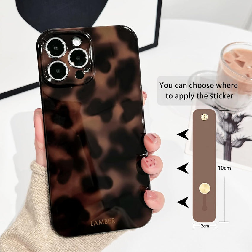NITITOP Compatible with iPhone 15 Pro Case Cute Leopard Print Brown Amber Tortoise Design for Women Girls Men with Wrist Adjustable Hand Strap Kickstand Aesthetic Protective Cover - Brown