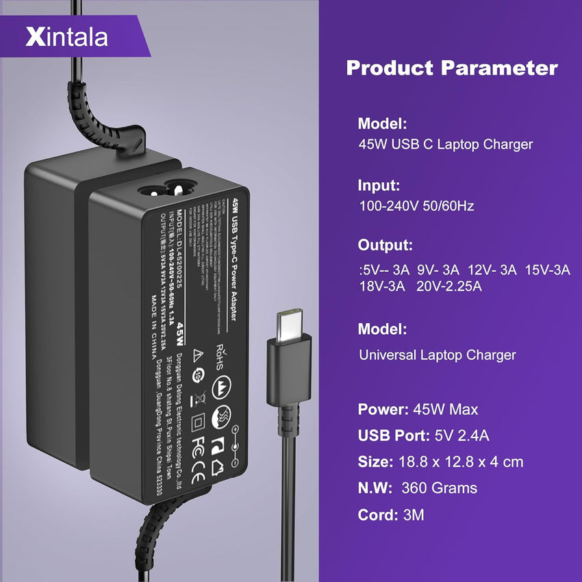 Xintala 45W USB C Laptop Charger Compatible with Lenovo Chromebook 100e 300e 500e Series, Acer, HP, Asus, Dell, Samsung and More Type-C Power Supply