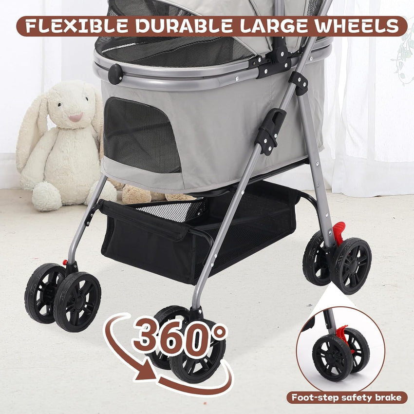 Pet Stroller 3-in-1 Foldable Dog Cat Stroller with Carrier, Storage Basket & Food Tray â Grey