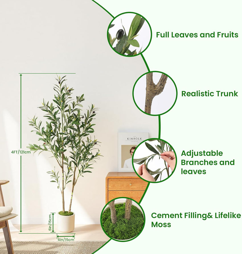 Alupssuc 5FT Olive Tree Artificial, Faux Olive Tree with White Pot, Fake Olive Tree Indoor Outdoor with Natural Wood Trunk & Lifelike Fruits, Perfect for Modern Home Office Living Room Floor Decor