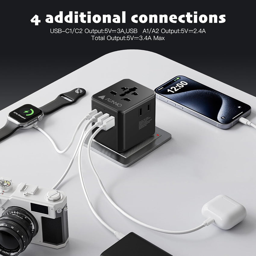 AUNNO Universal Travel Adapter, International Travel Plug Adapter with 1 USB C and 2 USB Ports, All in One Worldwide Plug Adaptor, UK to European Power Universal Plug Adaptor for EU USA Australia
