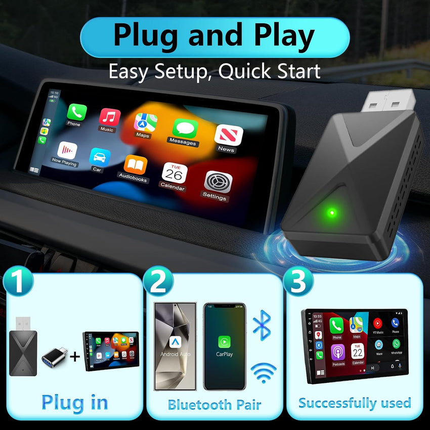 Wireless CarPlay Adapter for iPhone and Android Auto Adapter, 2-in-1 2025 New Upgraded Bluetooth Car Play Dongle Convert Factory Wired to Wireless for car Built-in Wired carplay/Android auto