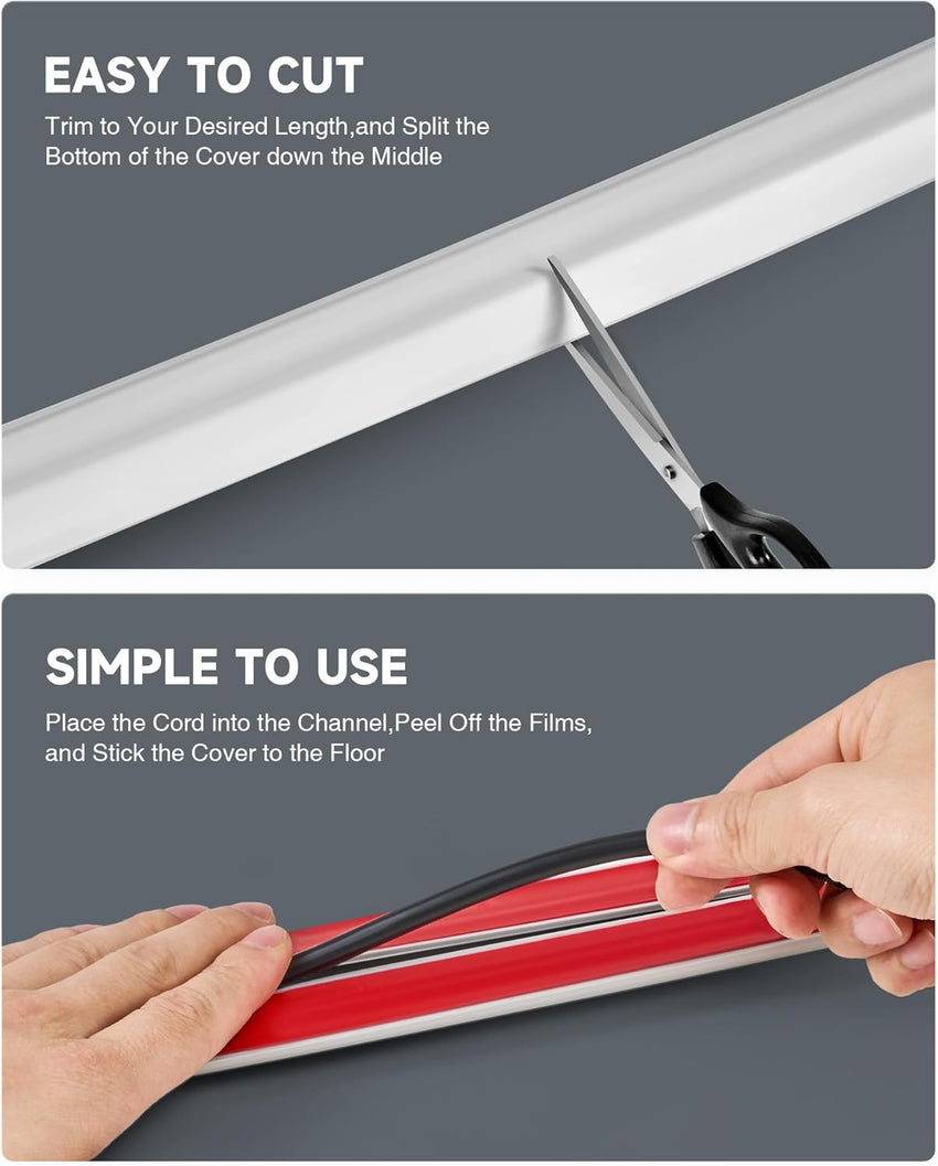 CREWORKS 1.8 m Floor Cord Cover, 3 Channel Cable Cover with Self-Adhesive Baking, Extension Cord Cable Protector, Flexible PVC Duct Wire Cable Management for Homes Offices Garages, Grey