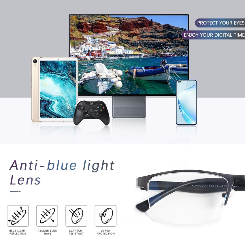 FONHCOO Reading Glasses for Women Men, Blue Light Blocking Reading Glasses Metal Half Frame Computer Readers Anti UV/Glare/Eyestrain (Purple Blue Grey 3.0)