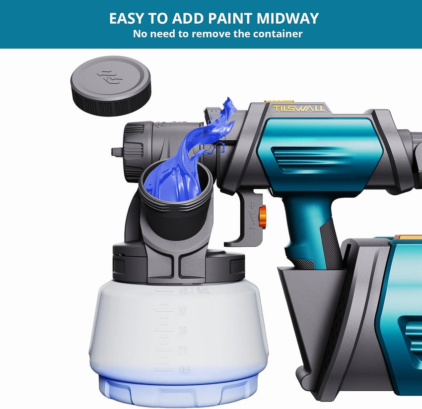 Tilswall Paint Spray System Shark 800 HVLP Electric Paint Sprayer with 1300ml Container, 120 DIN-s Paint Spray Gun Electric with 4 Nozzles and 3 Spray Modes for Wall Paints, Fences and Sheds