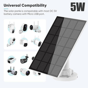 5W Solar Panel With 360^0 Adjustable Mount and IP65 Waterproof Charger - USB Charging Cable for Security Camera, Micro and USB-C Port (1pcs)