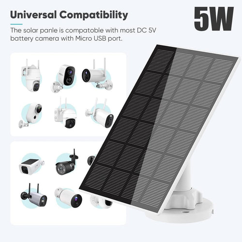 5W Solar Panel With 360^0 Adjustable Mount and IP65 Waterproof Charger - USB Charging Cable for Security Camera, Micro and USB-C Port (1pcs)
