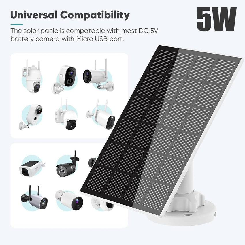 5W Solar Panel With 360^0 Adjustable Mount and IP65 Waterproof Charger - USB Charging Cable for Security Camera, Micro and USB-C Port (1pcs)