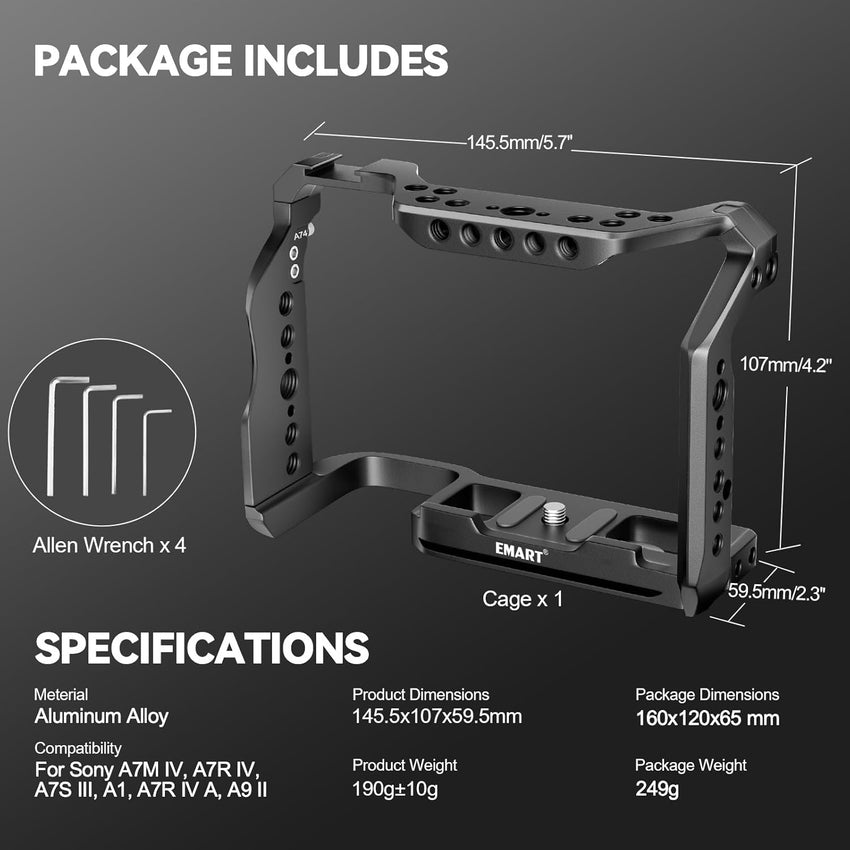 EMART Full Camera Cage for Sony A7M IV/R IV/RIV A/A7S III/A I/A9 II, Film Movie Making Camera Cage with Cold Shoe/NATO Rail/Quick Release Plate for Arca, Perfect for Accessories, Photography, Video