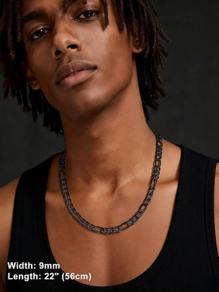 Menâs Figaro Chain Necklace 9mm Flat Stainless Steel 20in Hip Hop Style â Black