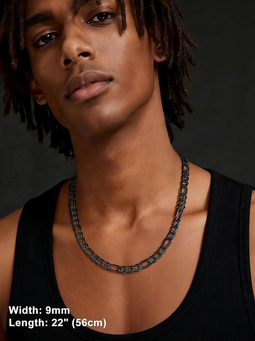Menâs Figaro Chain Necklace 9mm Flat Stainless Steel 20in Hip Hop Style â Black