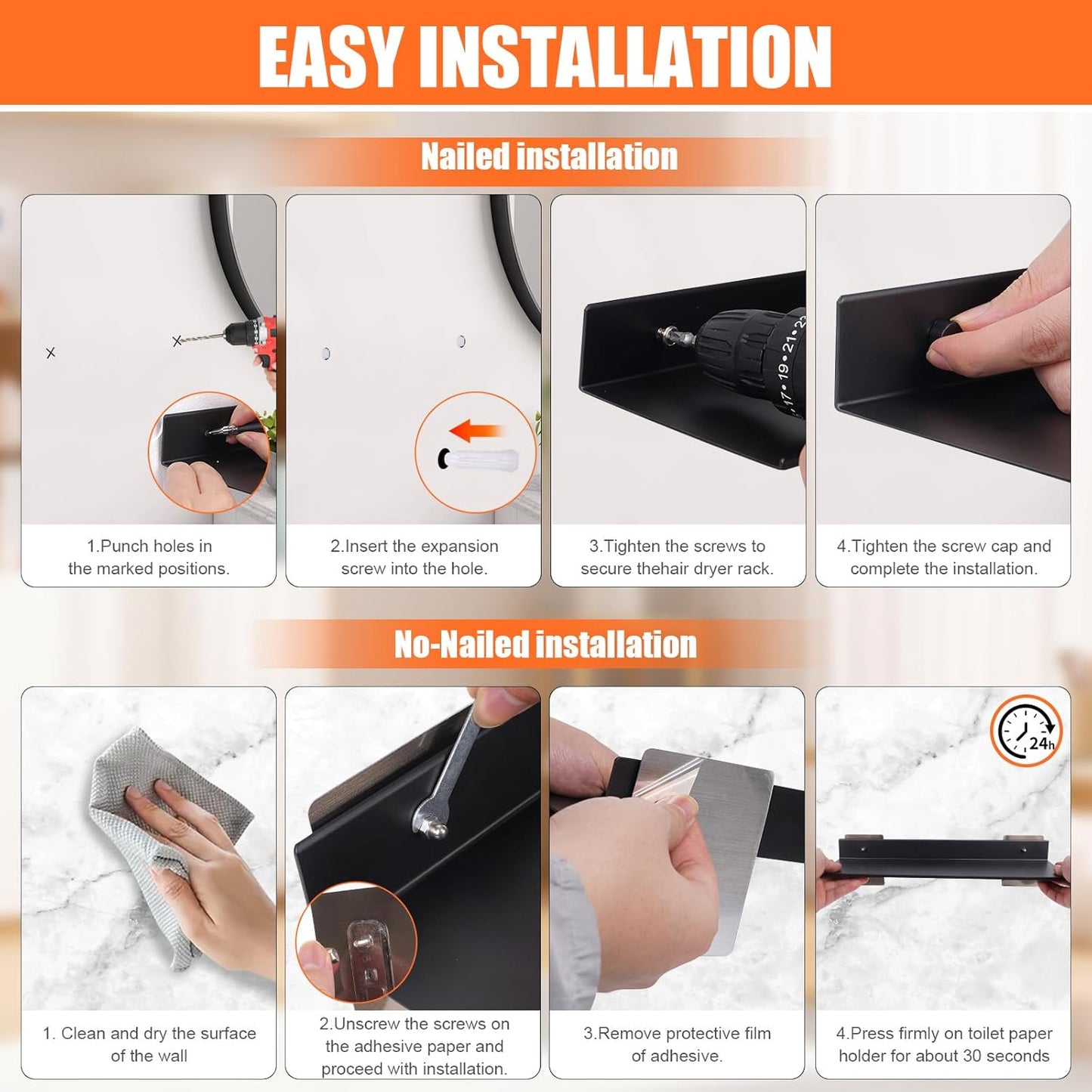 YUET Bathroom Shelf 2 Pack Wall Mounted Ã¢ÂÂ Black 30cm