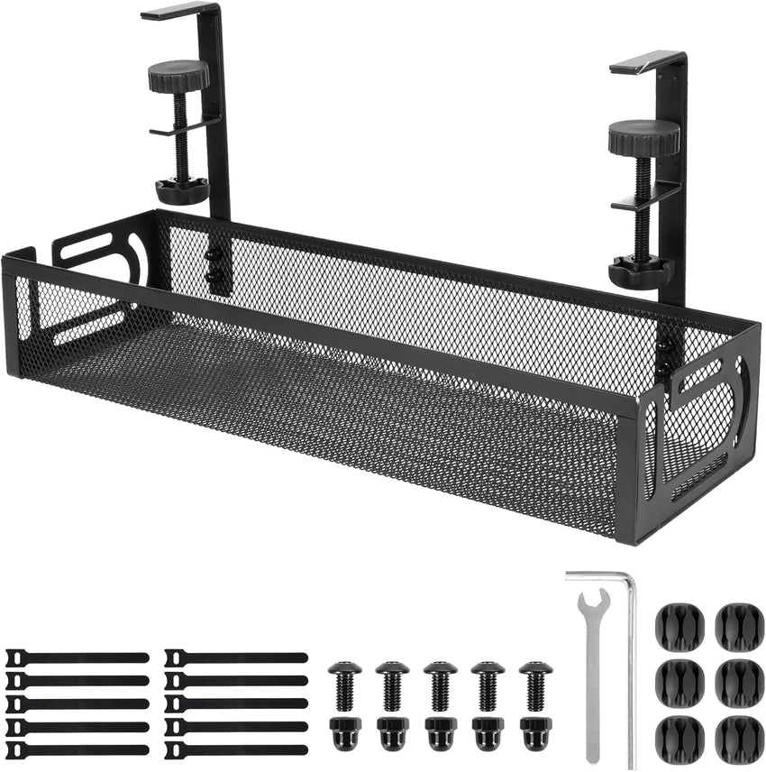 Under Desk Cable Management Tray, 15.4'' No Drill Cable Management Mesh Wire Organizer Side Opening Design for Home, Office, Internet Cafe, Kitchen, Black