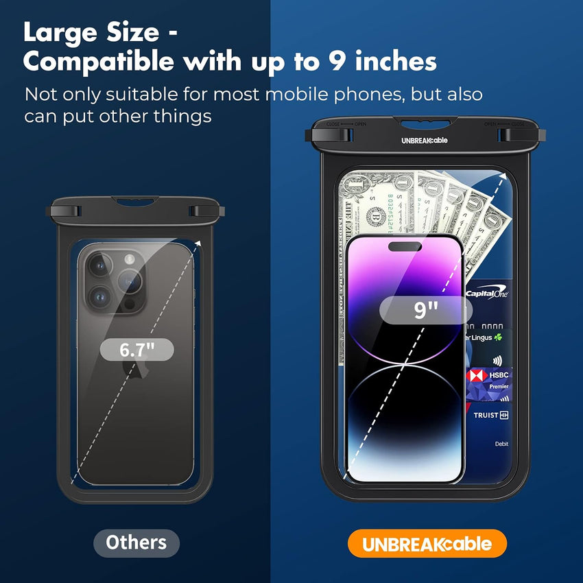 UNBREAKcable Large Waterproof Phone Pouch-2 Pack IPX8 Waterproof Phone Case for iPhone 16 15 14 13 12 11 Pro Max & Samsung S25 S24 S23-Dry Bag & Travel Essentials for Beach, Pool, Kayak & Cruise-9"