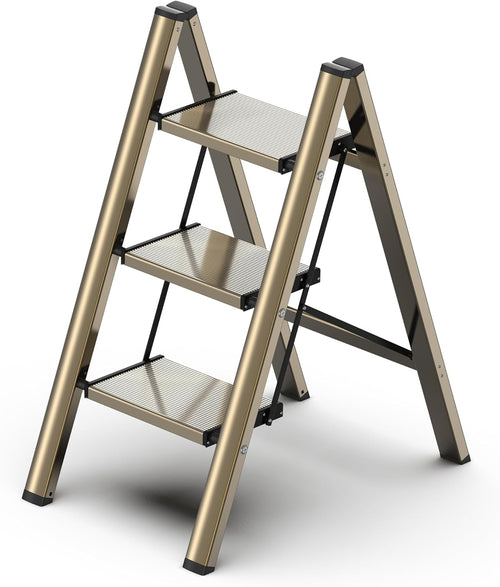 GameGem Folding Step Ladder with Anti-Slip Wide Pedal Ã¢ÂÂ Lightweight Aluminium, Champagne Gold