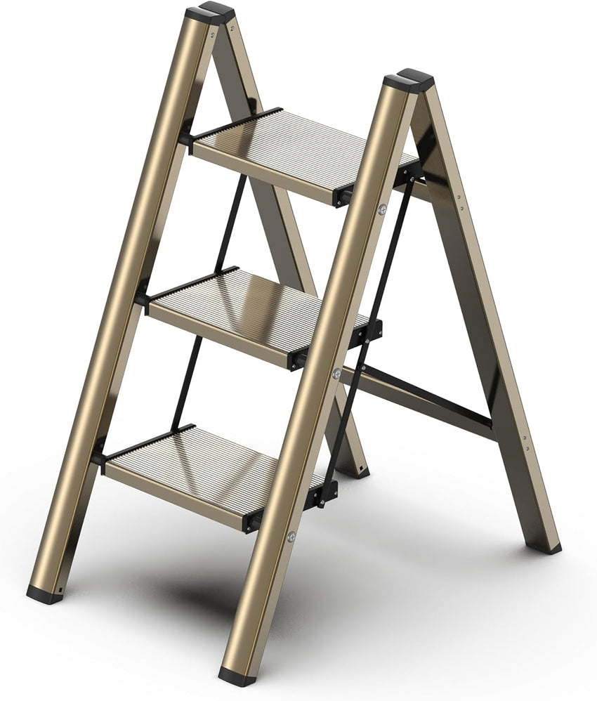 GameGem Folding Step Ladder with Anti-Slip Wide Pedal Ã¢ÂÂ Lightweight Aluminium, Champagne Gold