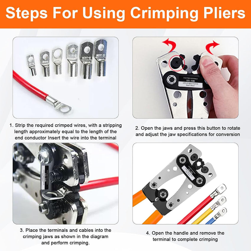 Polegas Battery Cable Crimping Tool Kit 60 Copper Ring Terminals 6-50mm Black