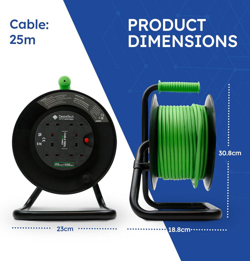 Desiretech - 4 Socket Extension Lead - 25m Portable Cable Reel - Thermal Cut Out, Ergonomic Handle, Green/Black - Heavy Duty Extension Cord for Indoor Use (25 Metre)