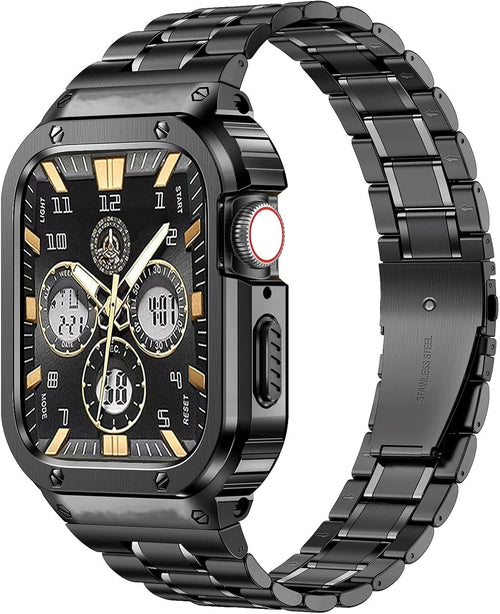 MioHHR Stainless Steel Watch Band with Case Compatible with Apple Watch Series 10 42mm,Rugged Strap with Metal Protective Bumper Cover for iWatch Band Men(Black)