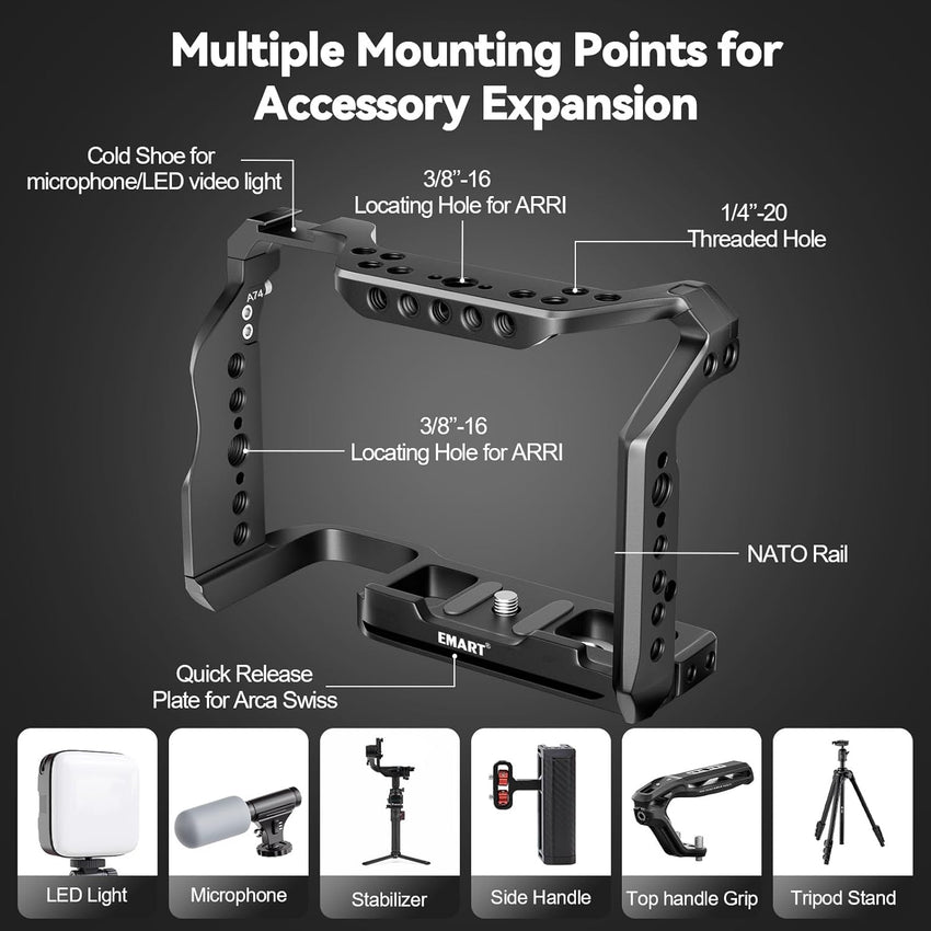 EMART Full Camera Cage for Sony A7M IV/R IV/RIV A/A7S III/A I/A9 II, Film Movie Making Camera Cage with Cold Shoe/NATO Rail/Quick Release Plate for Arca, Perfect for Accessories, Photography, Video