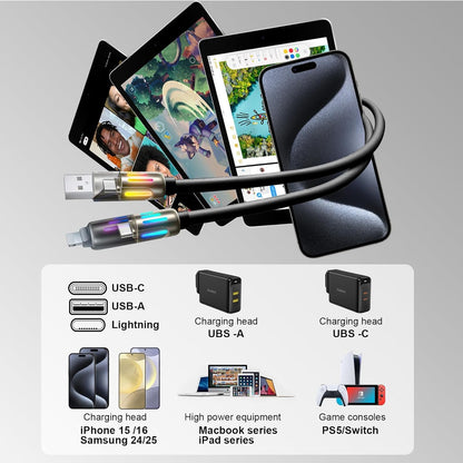 KALINI 4-in-1 USB Type-C Fast Charging Cable, 240W, LED, Lightning 1M White PD 3.1