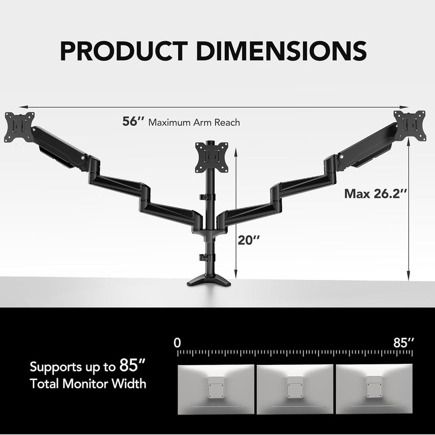 HUANUO Triple Monitor Stand Desk Mount for 17-32 Inch Screens, Adjustable Arms With Tilt, Swivel, 2 Mounting Bases, Each Arm Holds up to 8KG, VESA 75x75 100x100 Gaming