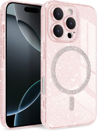 Newseego Magnetic Phone Case for iPhone 16 Pro [Compatible with Magsafe], Clear Shiny Glitter Girls Women Screen Camera Shockproof Protection Bumper Dustproof Cover for iPhone 16 Pro-Pink