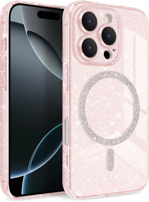 Newseego Magnetic Phone Case for iPhone 16 Pro [Compatible with Magsafe], Clear Shiny Glitter Girls Women Screen Camera Shockproof Protection Bumper Dustproof Cover for iPhone 16 Pro-Pink