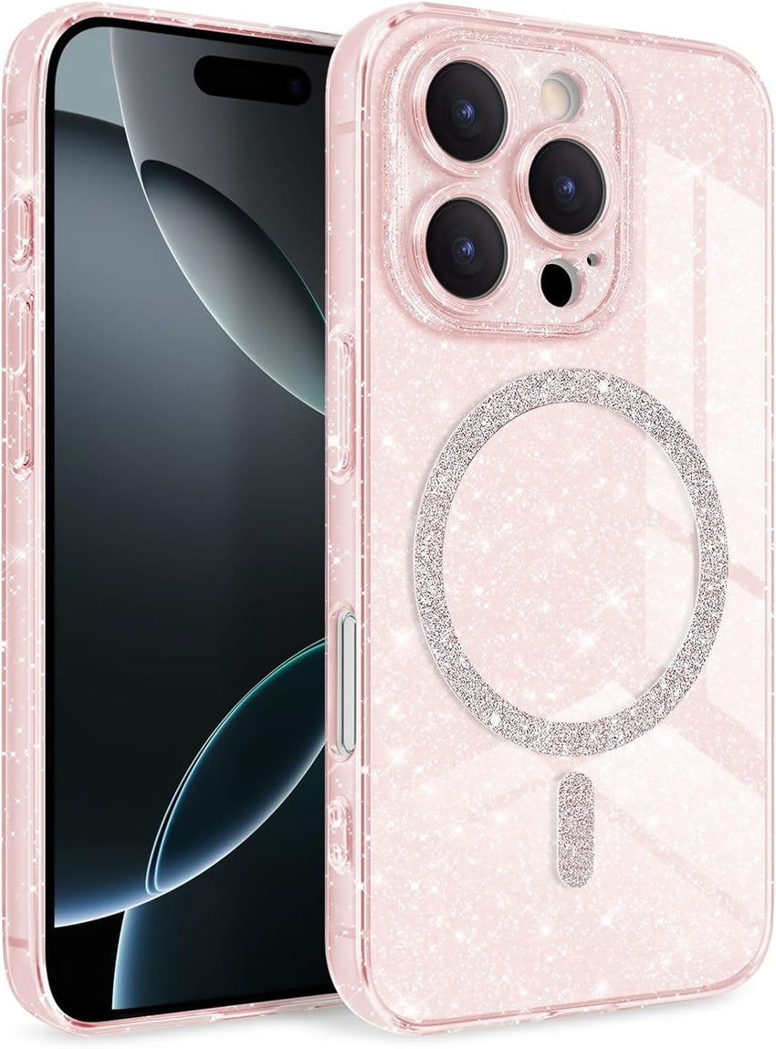 Newseego Magnetic Phone Case for iPhone 16 Pro [Compatible with Magsafe], Clear Shiny Glitter Girls Women Screen Camera Shockproof Protection Bumper Dustproof Cover for iPhone 16 Pro-Pink
