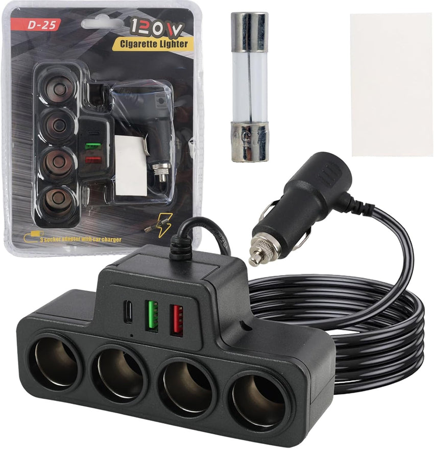 120W 7 in 1 Car Cigarette Lighter USB Charger, Multi Socket Car Charger Splitter Adapter with 4 Sockets and 3 USB Ports QC 3.0 USB 3.1 PD 3.1, Multi Device Fast Charging for 12V 24V Vehicles, Phones