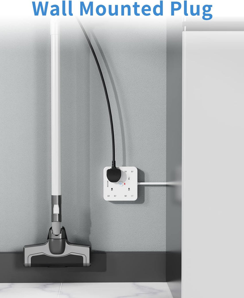 4M 4 Way Extension lead with USB Slots (3 USB-A, 1 USB-C), Mscien Extension Lead with Switches, White Wall Mountable Plug Extension Cord, Dorm, Home, Office