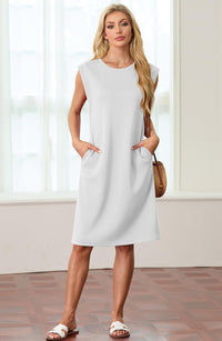Womens Summer Midi Dress Casual Crew Neck Sleeveless with Pockets Ã¢ÂÂ White L