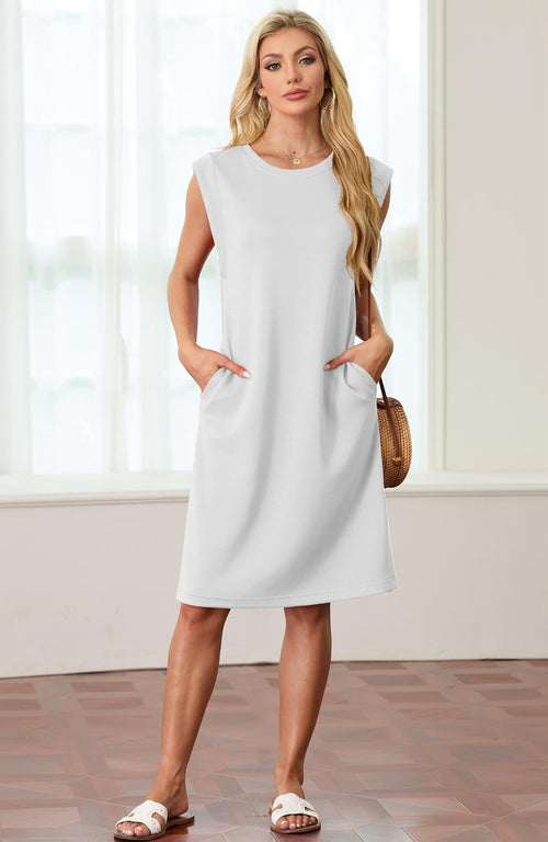 Womens Summer Midi Dress Casual Crew Neck Sleeveless with Pockets Ã¢ÂÂ White L