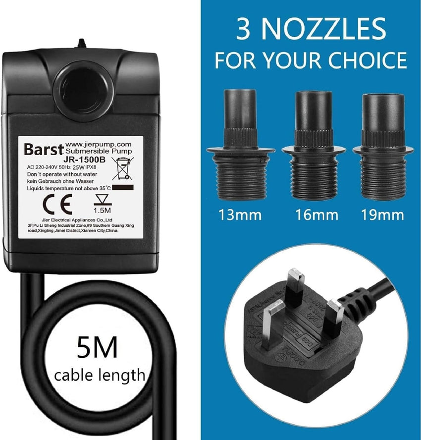 BARST 1500L/H Submersible Water Pump, Ultra Quiet Aquarium Pump for Fountains, Pool, Fish Tank, Pond, Hydroponics, Statuary with 4 Srtong Suction Cups,3 Nozzles (30W, 5m Power Cord)