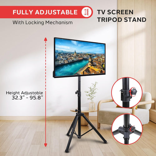 Premium LCD Flat Panel TV Tripod, Portable TV Stand, Foldable Stand Mount, Fits LCD LED Flat Screen TV Up To 32", Adjustable Height, 22 lbs Weight Capacity, VESA 200x200, 220x220